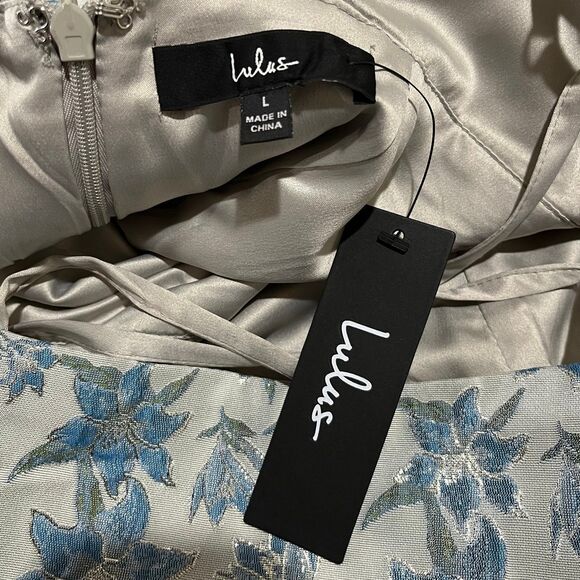 Lulus Versailles Vibes Light Blue Jacquard Metallic Midi Dress size L NWTs - Picture 6 of 8